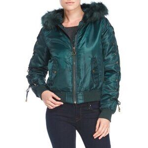 Kensie Puffer Winter Crop Jacket Coat Jade Green Faux Fur Hood Lace Up Sz M NWT
